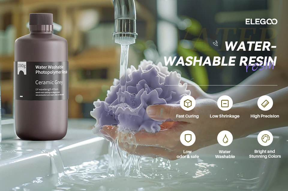 ELEGOO Water Washable 3D Printer Resin LCD UV-Curing Resin 405nm Standard Photopolymer Resin for LCD 3D Printing 1000g