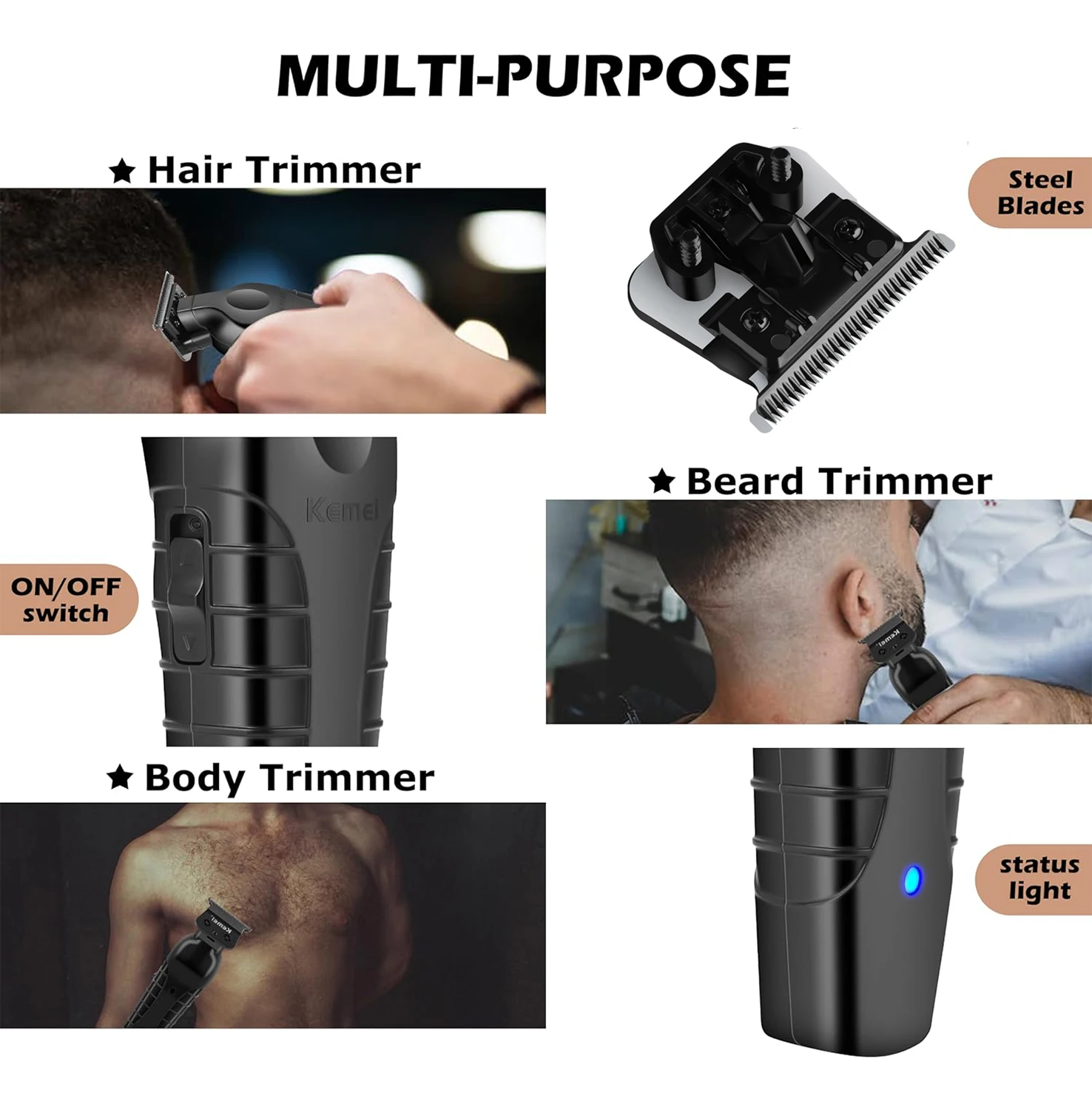 Kemei 2299 Professional Men's Hair/Beard Trimmer with Zero Gap Hair Clipper and T-Shaped Blade, Cordless Charging