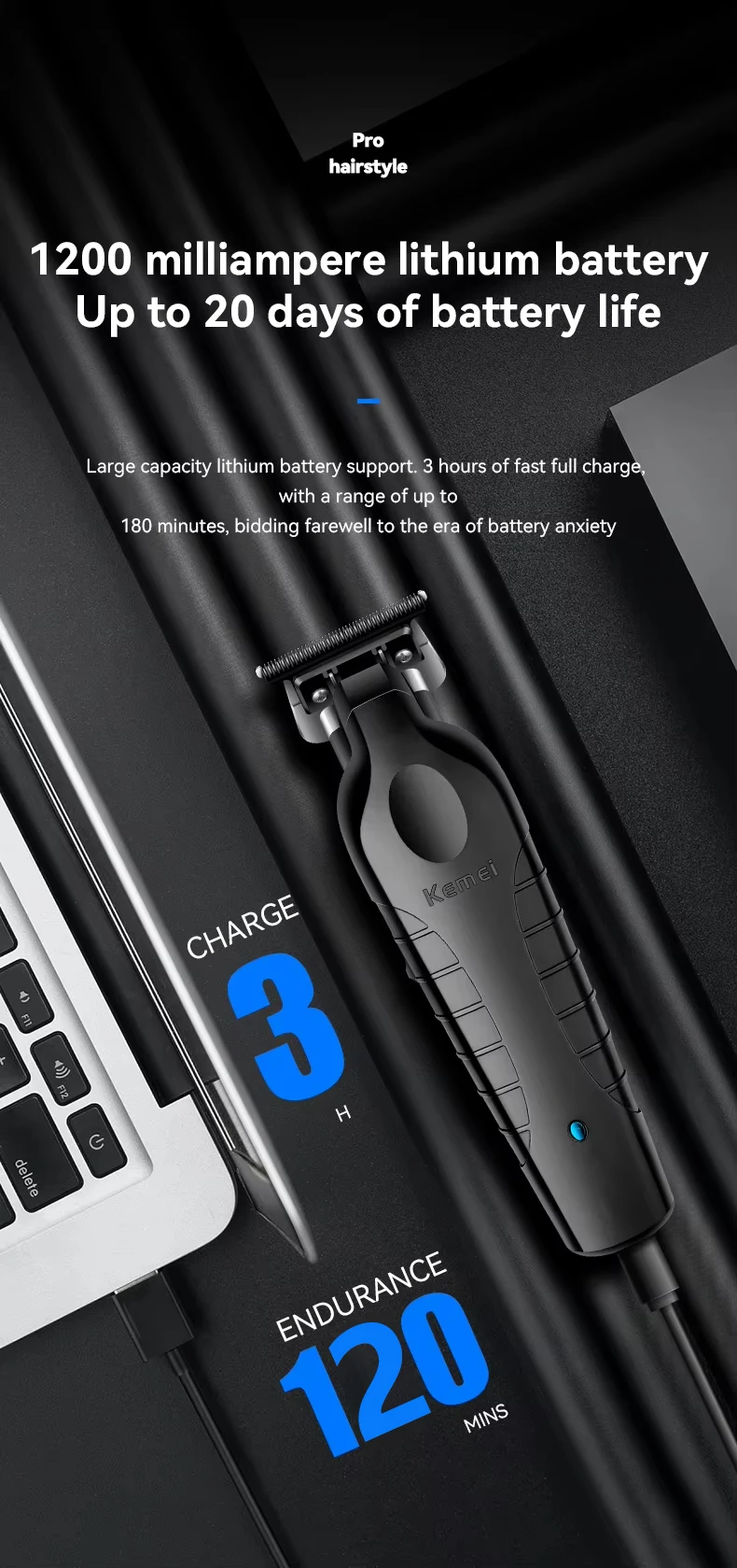Kemei 2299 Professional Men's Hair/Beard Trimmer with Zero Gap Hair Clipper and T-Shaped Blade, Cordless Charging