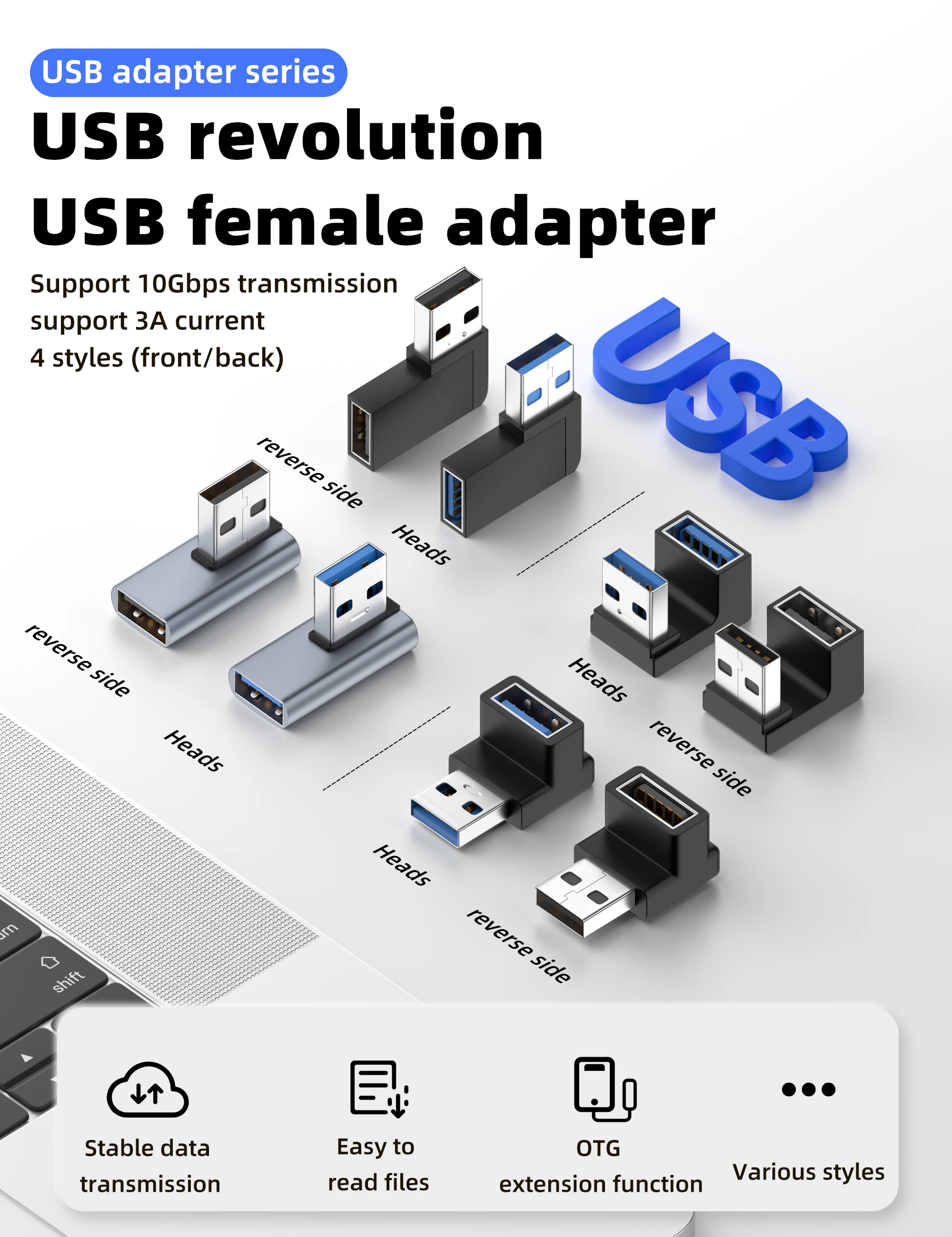 90 Degree USB 3.0 Male to Female Right Angle Extension Adapter USB Upward Elbow Adapter 10Gbps For Laptop PC Connector Converte