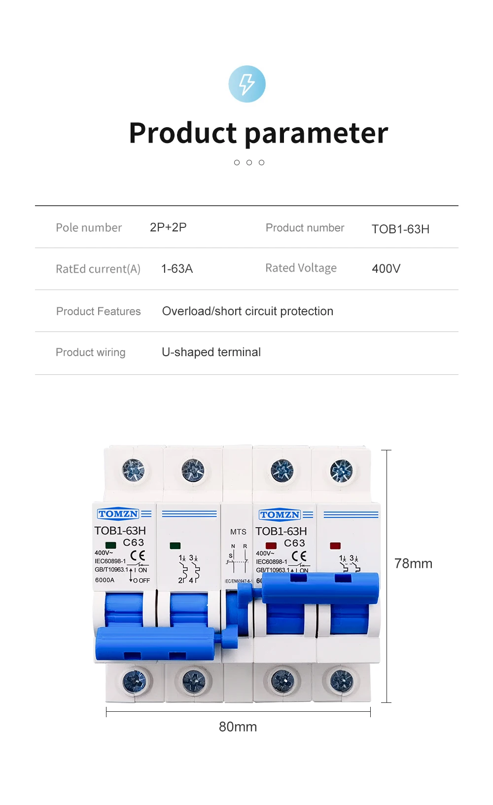 2P+2P MTS TOMZN AC Dual Power Manual Transfer Switch Circuit Breaker MCB 50HZ/60HZ