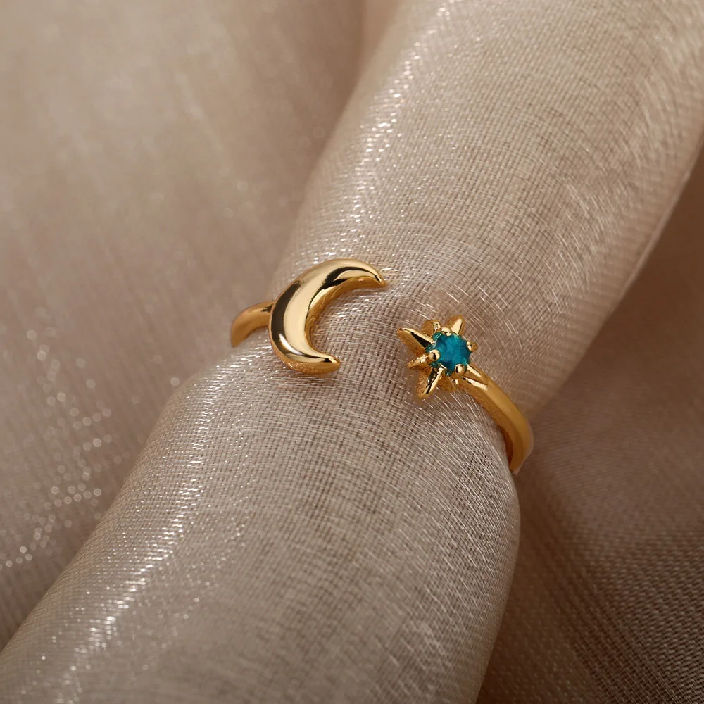Zircon Moon Star Rings For Women Stainless Steel Glowing Moon Star Adjustable Finger Ring Aesthetic Wedding Jewelery Gift Femme