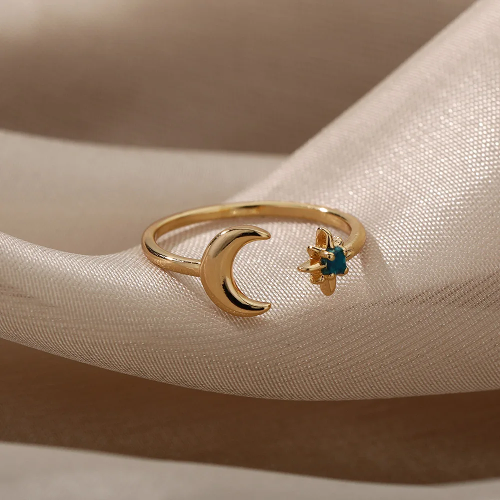Zircon Moon Star Rings For Women Stainless Steel Glowing Moon Star Adjustable Finger Ring Aesthetic Wedding Jewelery Gift Femme