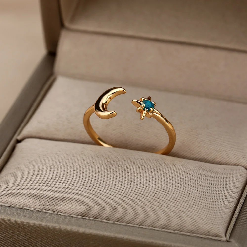 Zircon Moon Star Rings For Women Stainless Steel Glowing Moon Star Adjustable Finger Ring Aesthetic Wedding Jewelery Gift Femme
