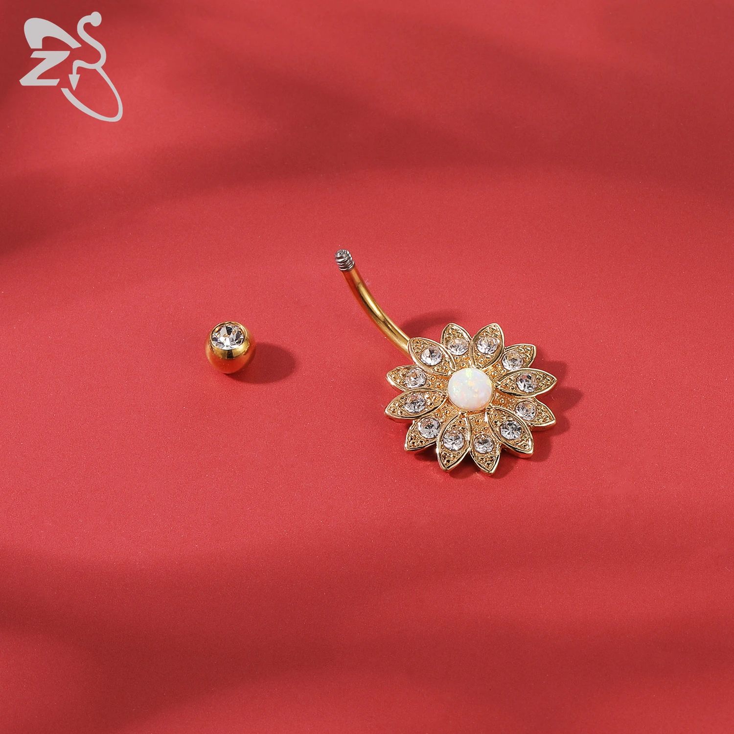 ZS 1 Piece Gold Color Stainless Steel Belly Ring Flower Heart CZ Crystal Navel Belly Button Rings Butterfly Navel Piercings 14G