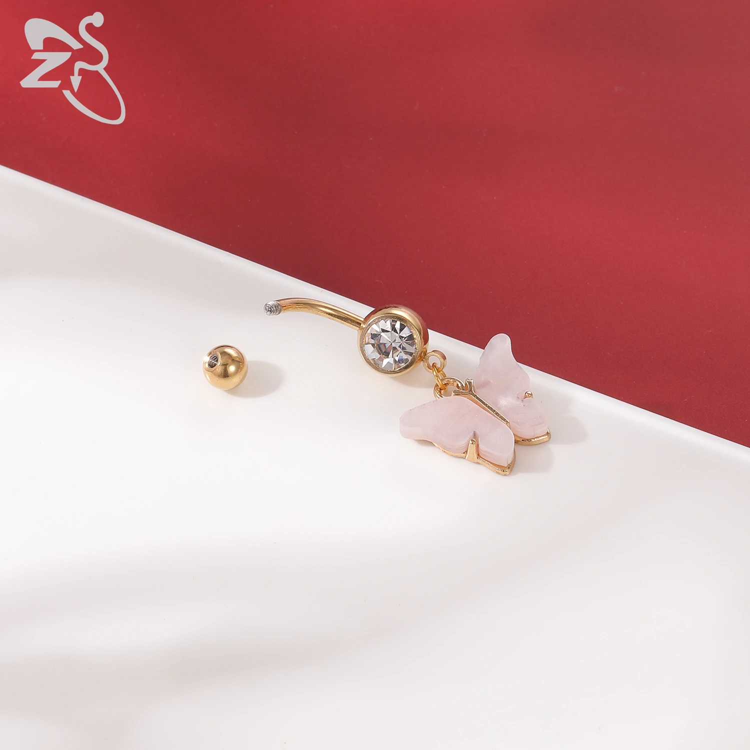 ZS 1 Piece Gold Color Stainless Steel Belly Ring Flower Heart CZ Crystal Navel Belly Button Rings Butterfly Navel Piercings 14G