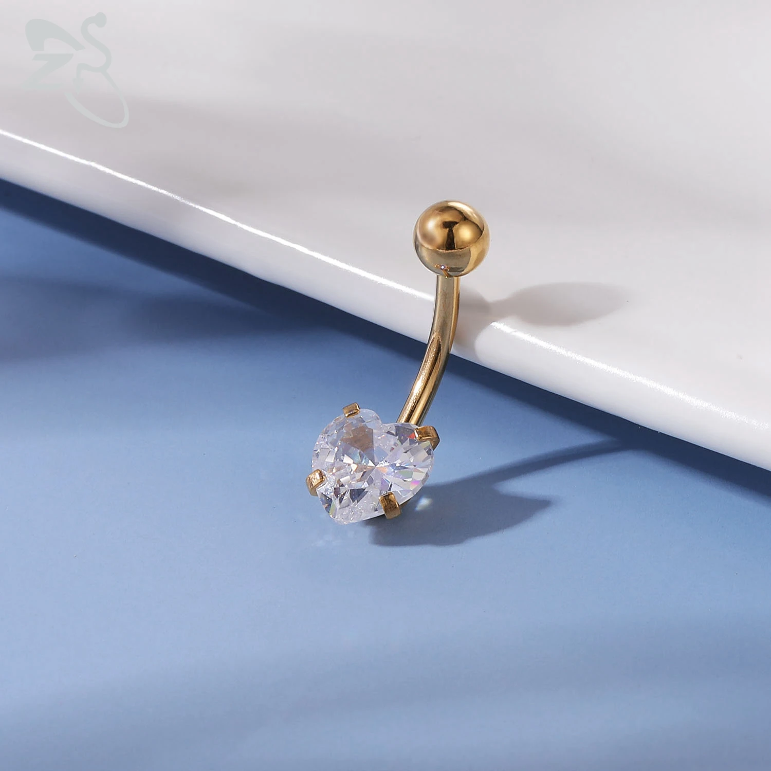 ZS 1 Piece Gold Color Stainless Steel Belly Ring Flower Heart CZ Crystal Navel Belly Button Rings Butterfly Navel Piercings 14G