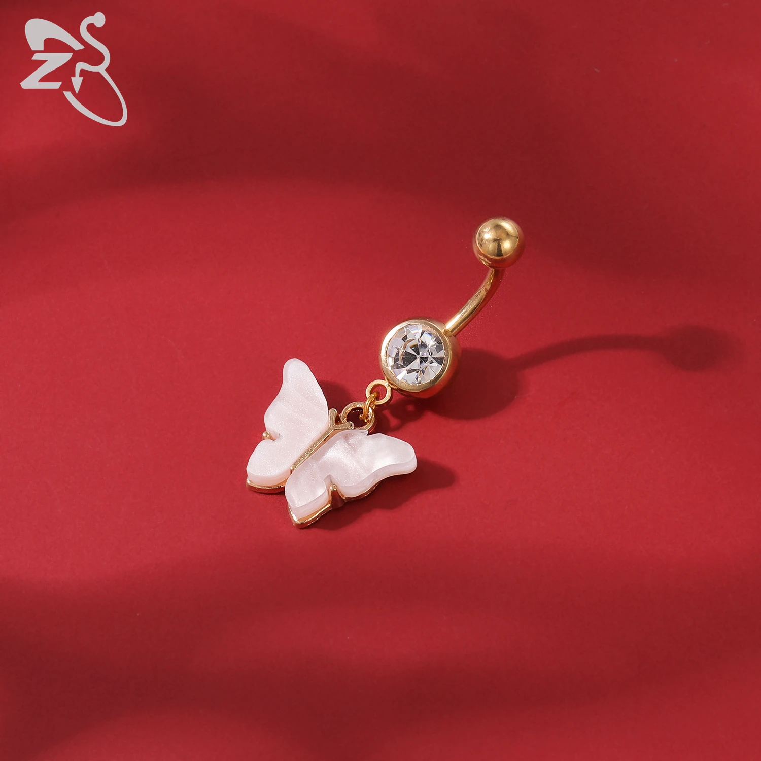 ZS 1 Piece Gold Color Stainless Steel Belly Ring Flower Heart CZ Crystal Navel Belly Button Rings Butterfly Navel Piercings 14G
