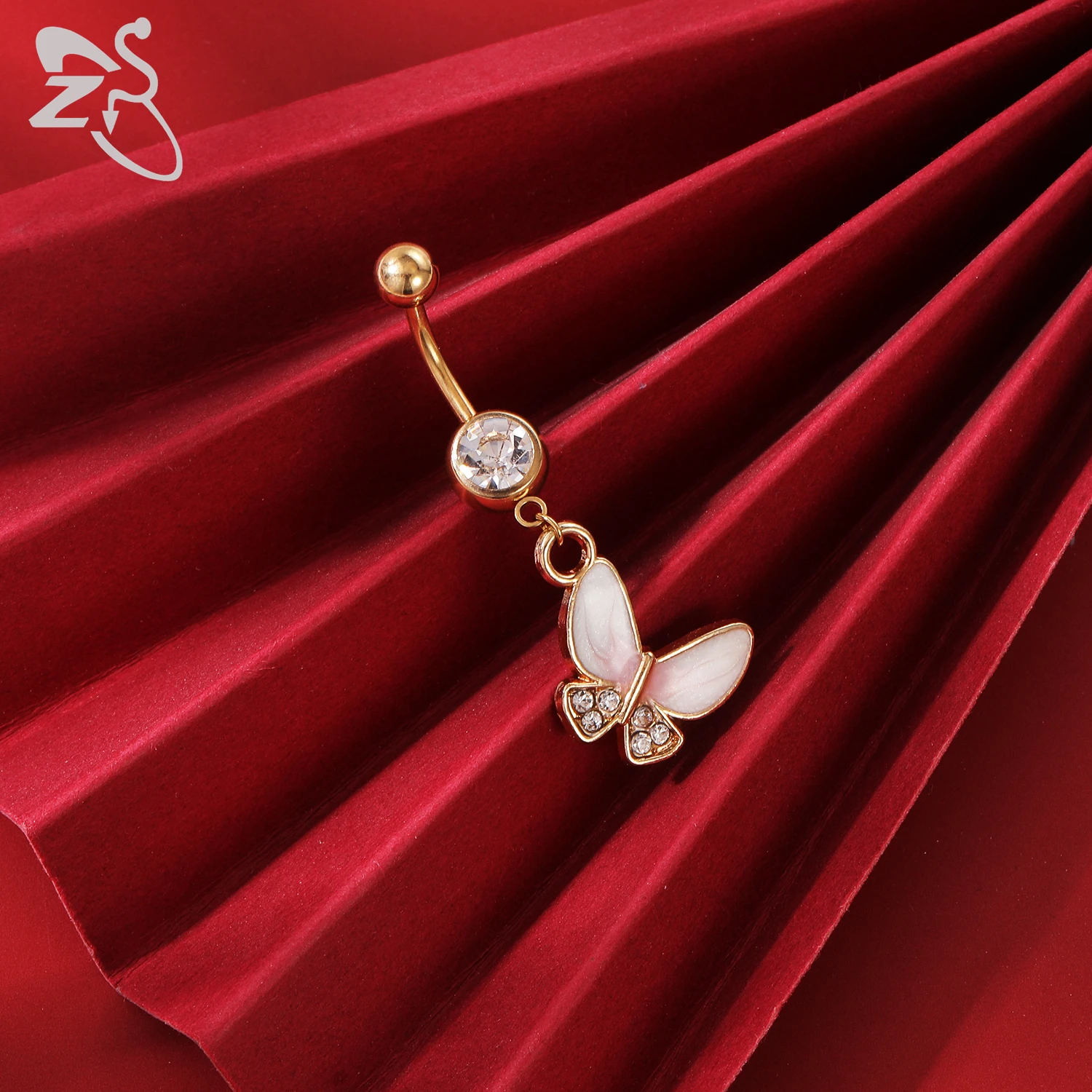 ZS 1 Piece Gold Color Stainless Steel Belly Ring Flower Heart CZ Crystal Navel Belly Button Rings Butterfly Navel Piercings 14G