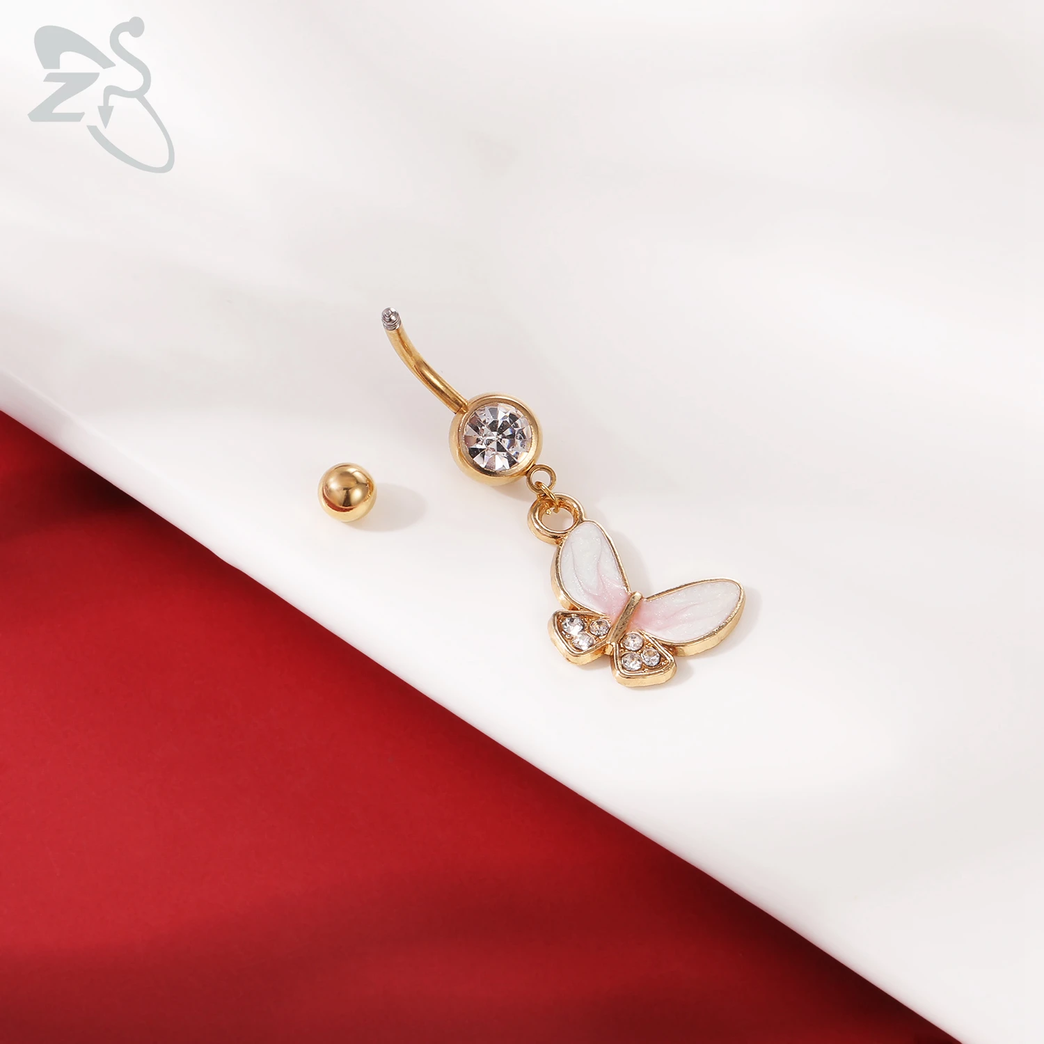 ZS 1 Piece Gold Color Stainless Steel Belly Ring Flower Heart CZ Crystal Navel Belly Button Rings Butterfly Navel Piercings 14G