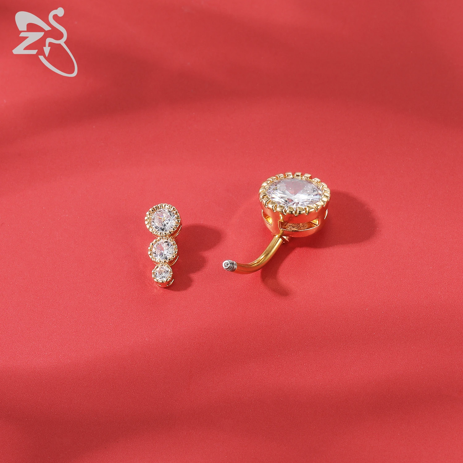 ZS 1 Piece Gold Color Stainless Steel Belly Ring Flower Heart CZ Crystal Navel Belly Button Rings Butterfly Navel Piercings 14G