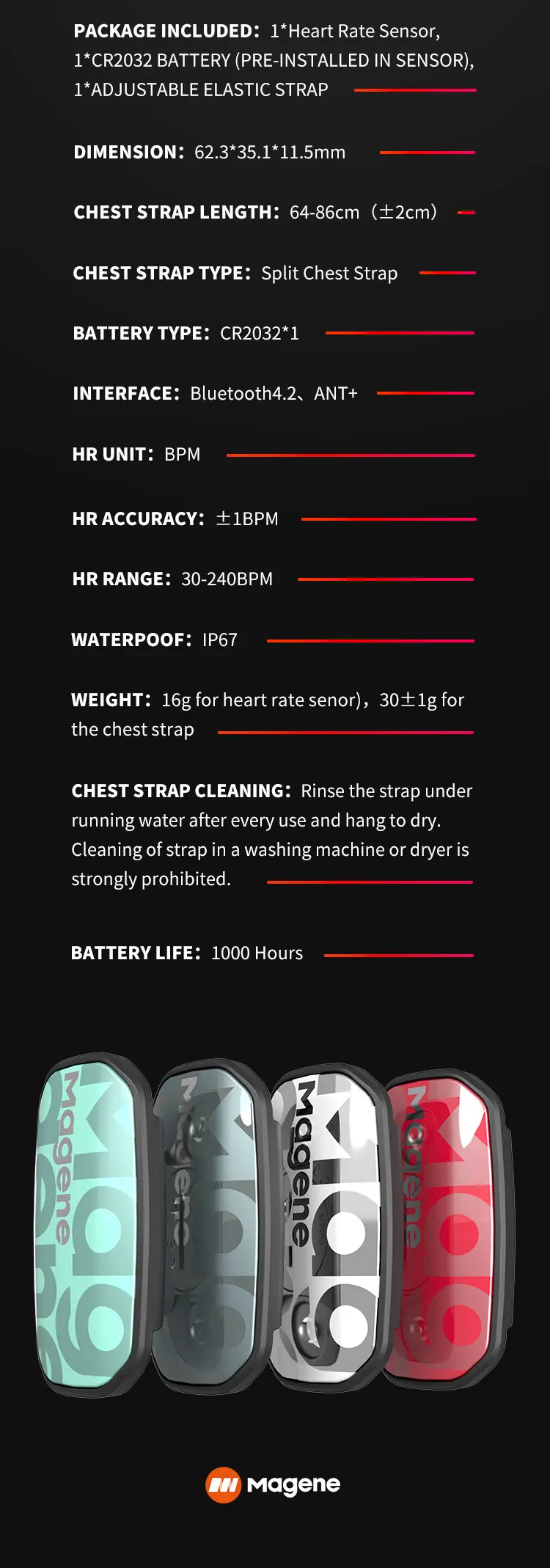 Magene H603 Heart Rate Monitor Split Chest Strap HRM Fitness Tracker Mover Bluetooth ANT Sensor Health App Compatible Zwift