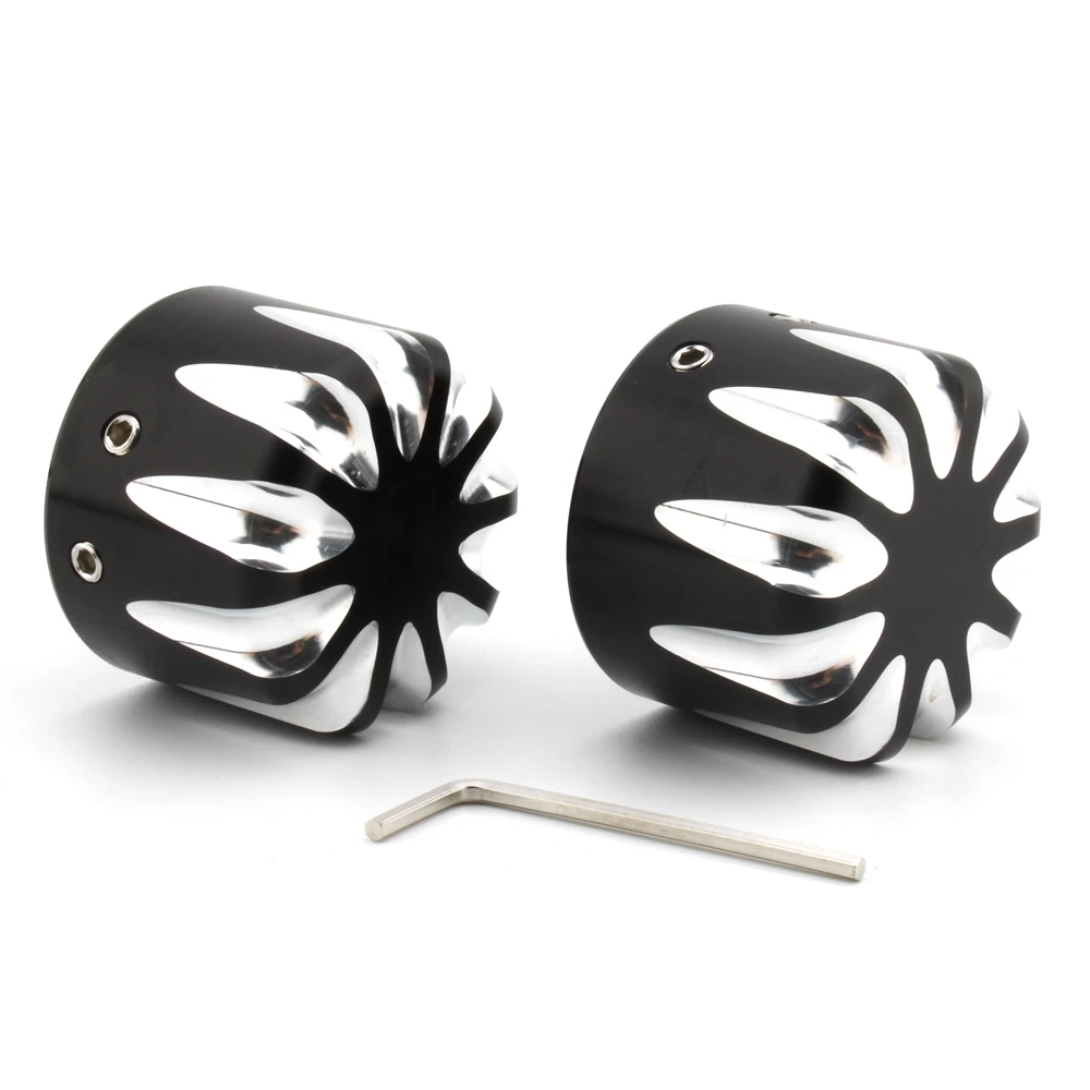 2xMotorcycle Front Axle Nut Covers Caps Aluminum Black/Chrome For Harley Sportster Touring Softail Dyna VRSC Fat Bob Wide Glide