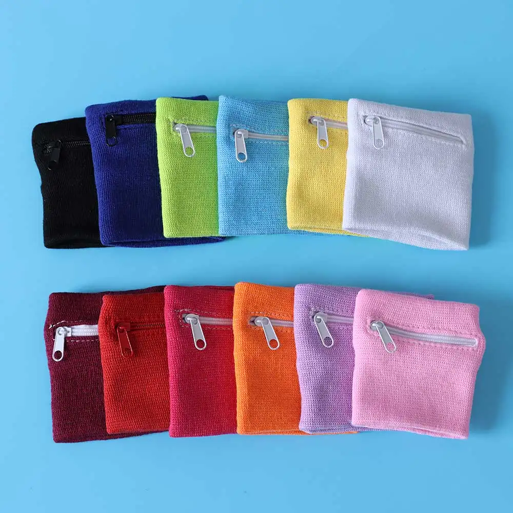 Unisex Colorful Cotton Wrist Band Wrist Protection Purse Bag With Zipper Pocket Sports Wristband For Gym Sports Running Cycling