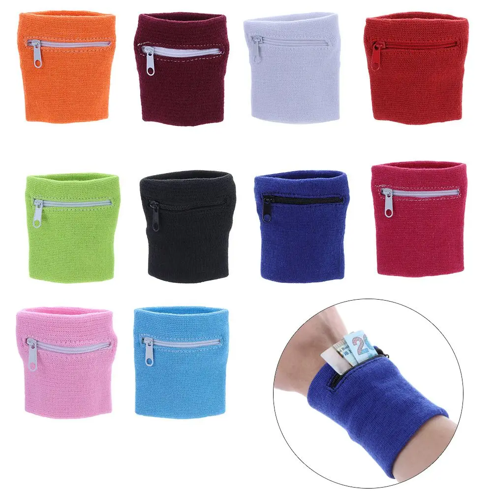 Unisex Colorful Cotton Wrist Band Wrist Protection Purse Bag With Zipper Pocket Sports Wristband For Gym Sports Running Cycling