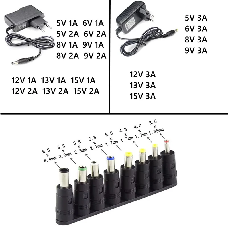 AC DC 110V - 220V Power Adapter Supply 5V 6V 8V 9V 12V 13V 15V 1A 2A 3A Universal Wall Socket With 8 Connect Maximum 5.5X2.5mm