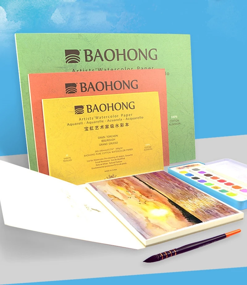 Baohong 100% Cotton Artist Watercolor Paper 300g 20sheets Professional Watercolor Sketchbook Pad For Painting Art Supplies