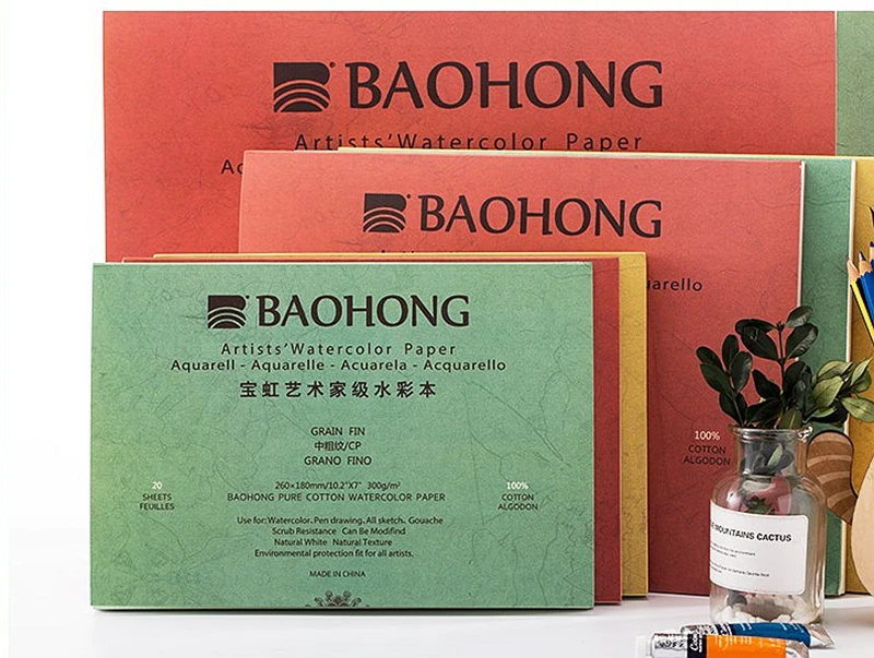 Baohong 100% Cotton Artist Watercolor Paper 300g 20sheets Professional Watercolor Sketchbook Pad For Painting Art Supplies