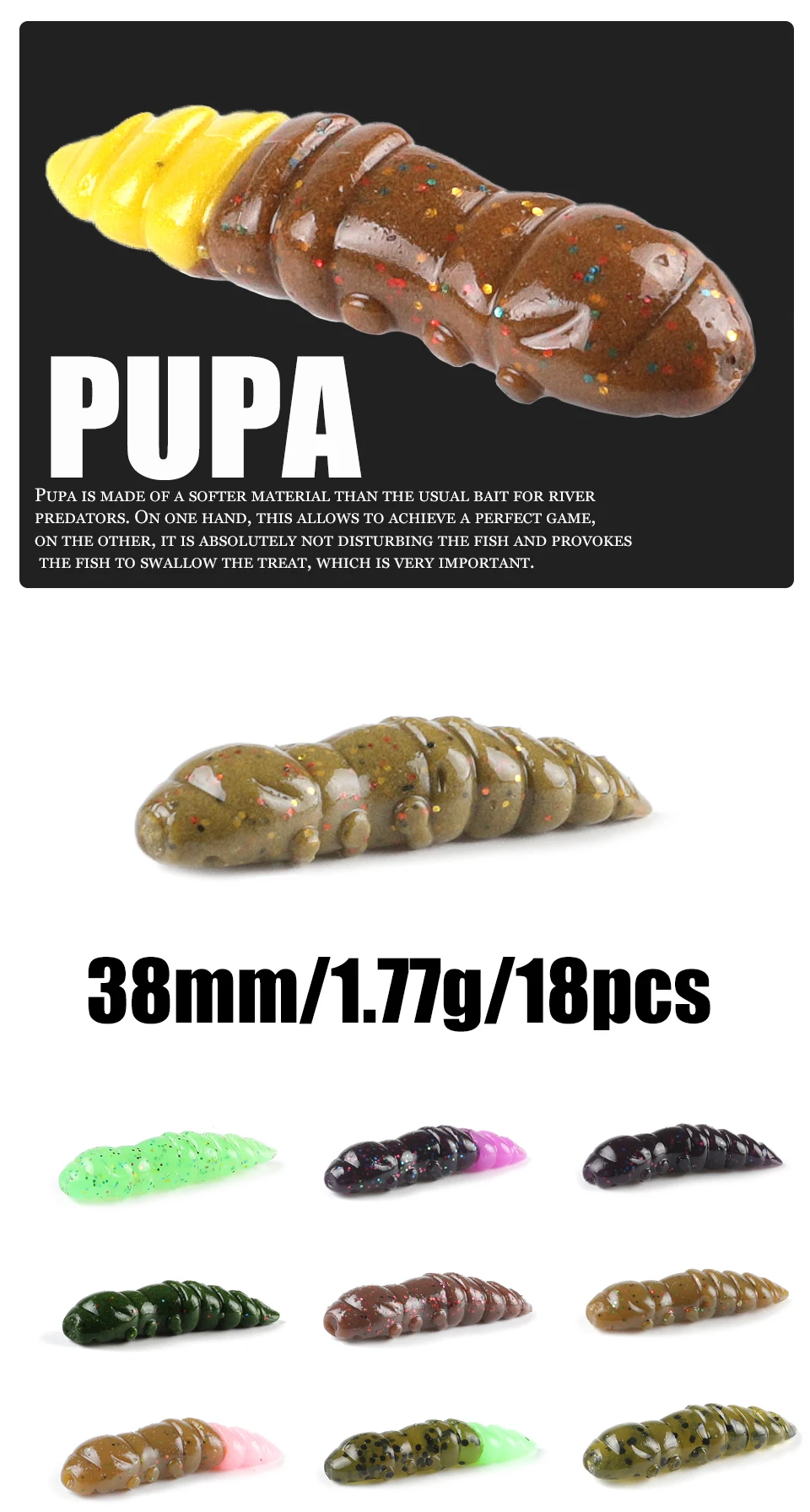 Supercontinent  Pupa Soft Lures  Soft Plastic Lures Larva  38mm/18pcs Floating Freshwater Swimbaits Silicone Soft Bait Worm