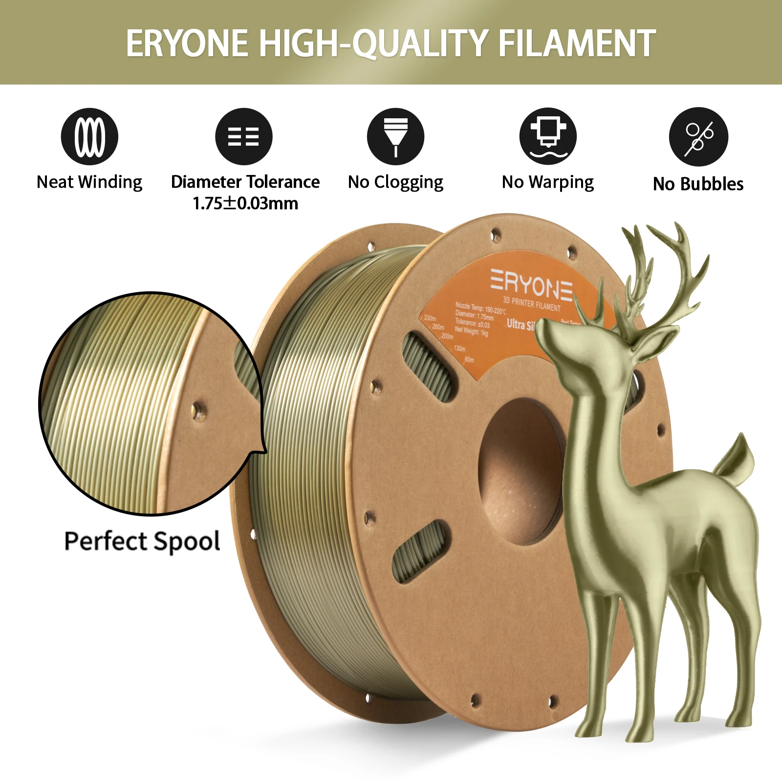 Eryone 5KG Ultra Silk PLA Premium Filament 3D Print, 1.75mm Multicolor Available 1kg Ultra Silk PLA, 1KG/Spool