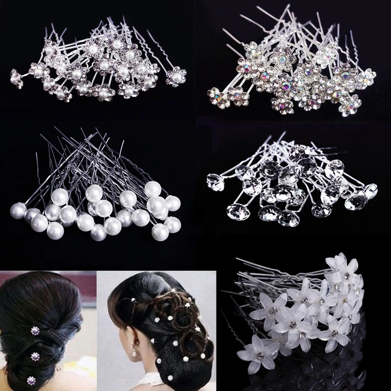 20pcs Women Hair Clips Flower Hairpin Stick Wedding Bridal Crystal Pearl Hairpins U Shaped Hair Clip Barrettes Hair Accessories