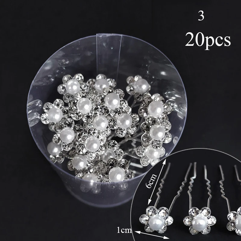 20pcs Women Hair Clips Flower Hairpin Stick Wedding Bridal Crystal Pearl Hairpins U Shaped Hair Clip Barrettes Hair Accessories