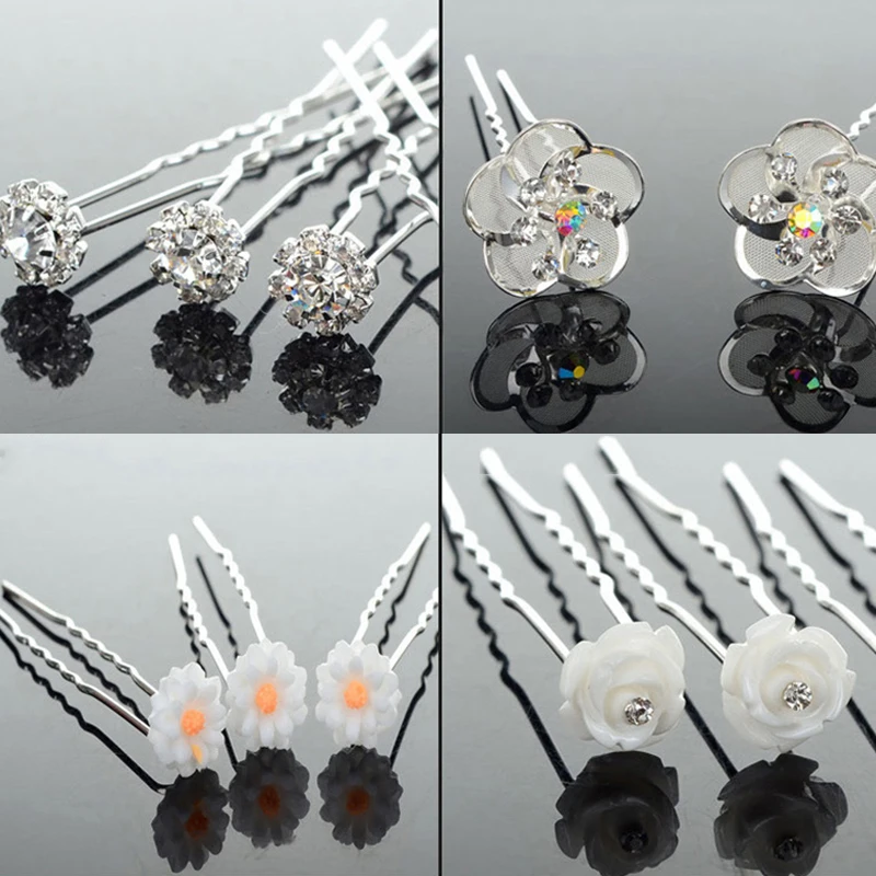 20pcs Women Hair Clips Flower Hairpin Stick Wedding Bridal Crystal Pearl Hairpins U Shaped Hair Clip Barrettes Hair Accessories