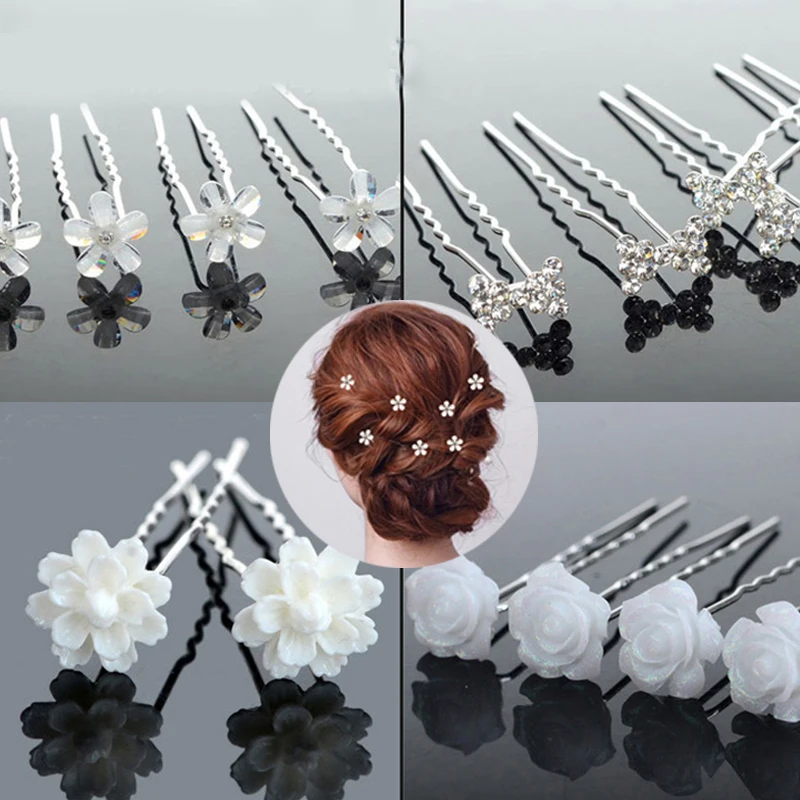 20pcs Women Hair Clips Flower Hairpin Stick Wedding Bridal Crystal Pearl Hairpins U Shaped Hair Clip Barrettes Hair Accessories