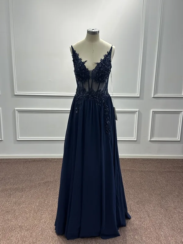 Spaghetti Straps Navy Blue A Line Evening Dresses 2025 Elegant Beaded Appliques Illusion Prom Gowns Formal Party Vestido De Gala