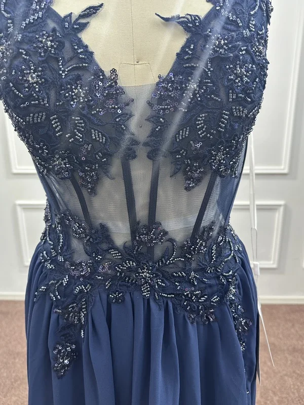 Spaghetti Straps Navy Blue A Line Evening Dresses 2025 Elegant Beaded Appliques Illusion Prom Gowns Formal Party Vestido De Gala