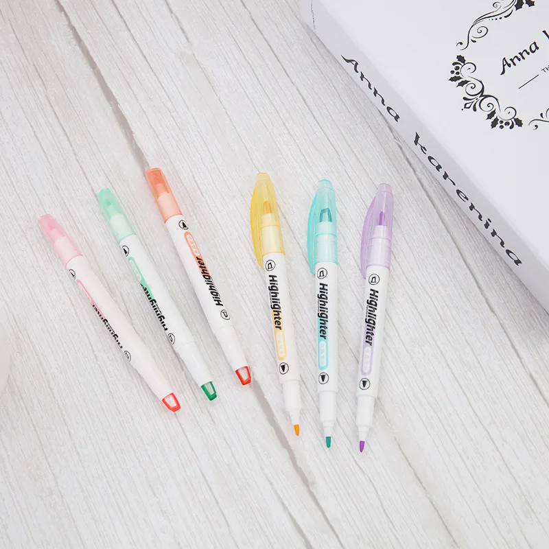 6 Colors/Set Unique Window Tip Highlighter Pen Double Head Pastel Color Midline highlighters Marker School Stationery Supplies