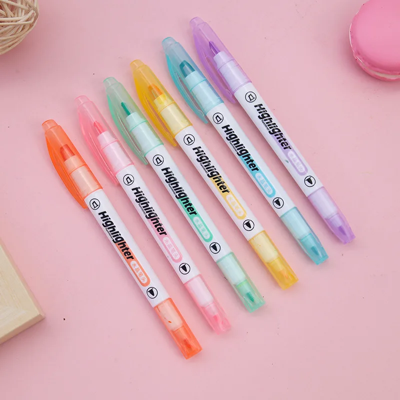 6 Colors/Set Unique Window Tip Highlighter Pen Double Head Pastel Color Midline highlighters Marker School Stationery Supplies