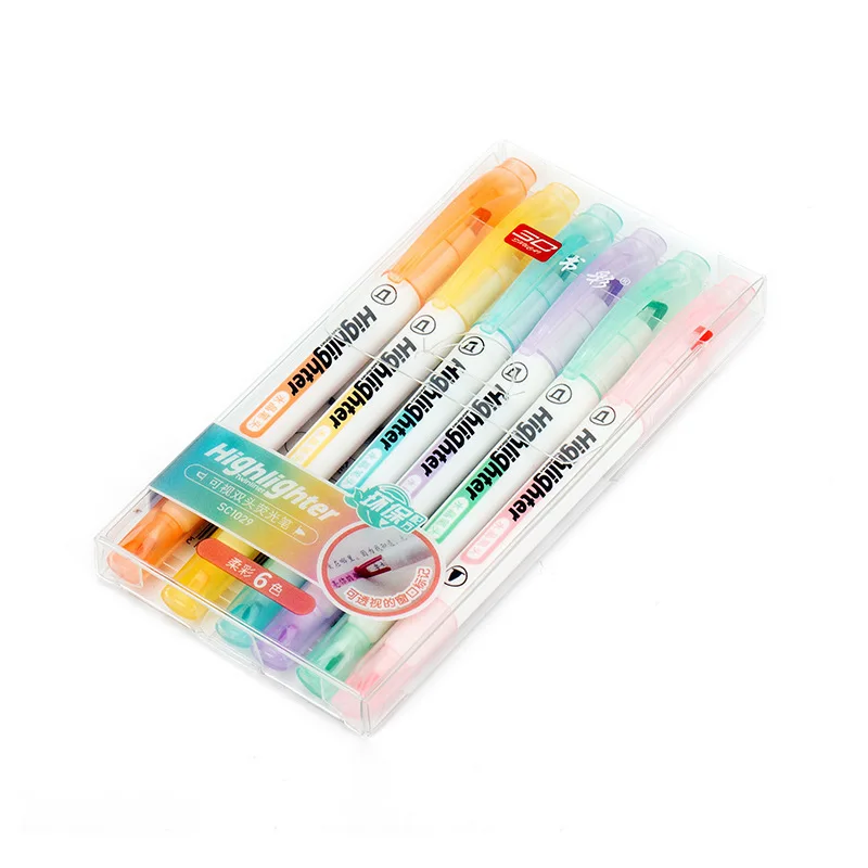 6 Colors/Set Unique Window Tip Highlighter Pen Double Head Pastel Color Midline highlighters Marker School Stationery Supplies