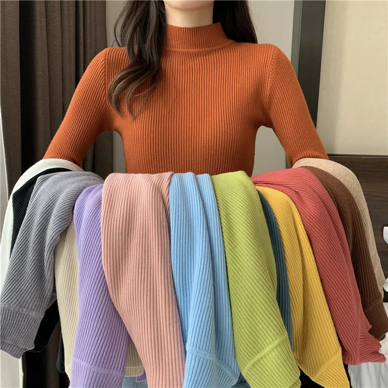Zjaiss 2026 Autumn Basic Bottoming Sweater Top Women Ribbed Soft Mock Neck Elastic Pullover Warm Solid Color Slim Jumper