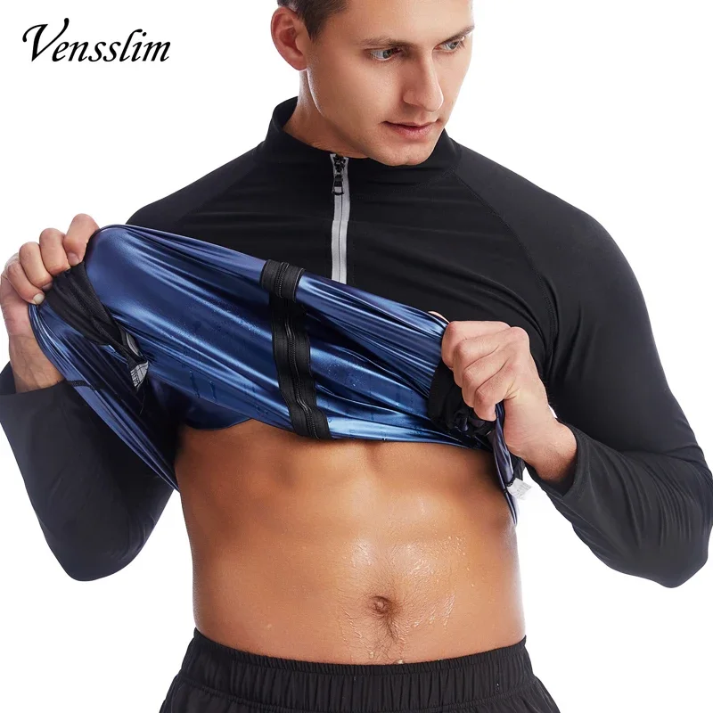 Vensslim Men Sauna Sweat Suit Zipper Waist Trainer Slimming Tops with Packet Fat Burner Body Shaper Belly Trimmer Slim Corset