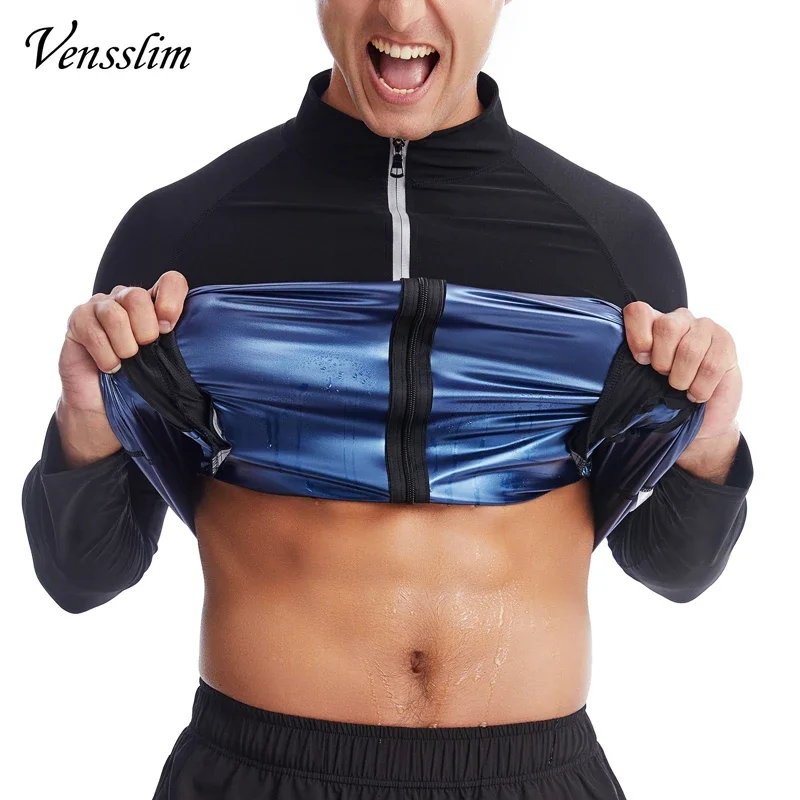 Vensslim Men Sauna Sweat Suit Zipper Waist Trainer Slimming Tops with Packet Fat Burner Body Shaper Belly Trimmer Slim Corset