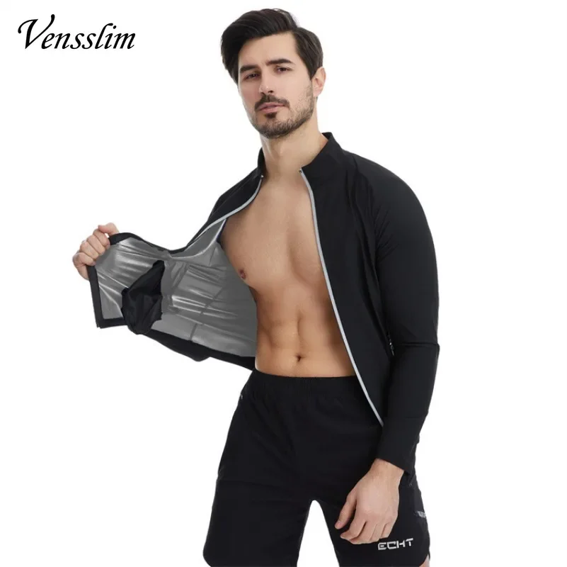 Vensslim Men Sauna Sweat Suit Zipper Waist Trainer Slimming Tops with Packet Fat Burner Body Shaper Belly Trimmer Slim Corset