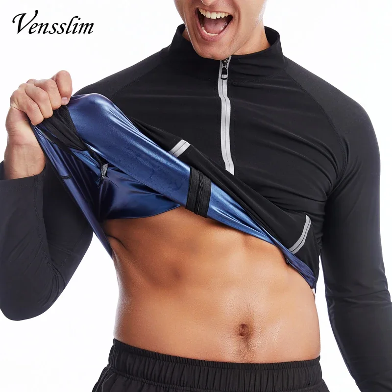 Vensslim Men Sauna Sweat Suit Zipper Waist Trainer Slimming Tops with Packet Fat Burner Body Shaper Belly Trimmer Slim Corset