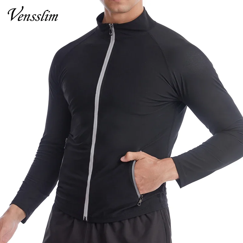 Vensslim Men Sauna Sweat Suit Zipper Waist Trainer Slimming Tops with Packet Fat Burner Body Shaper Belly Trimmer Slim Corset