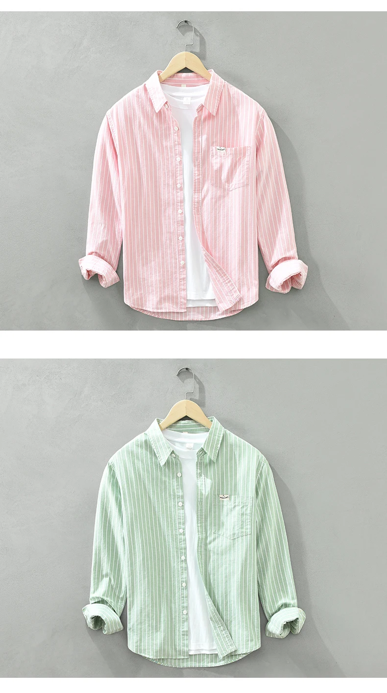 Men's Fashion Striped All-in-one Teen Cotton Comfortable Breathable Trend British Style Outdoor Casual Long-sleeved Cotton Shirt