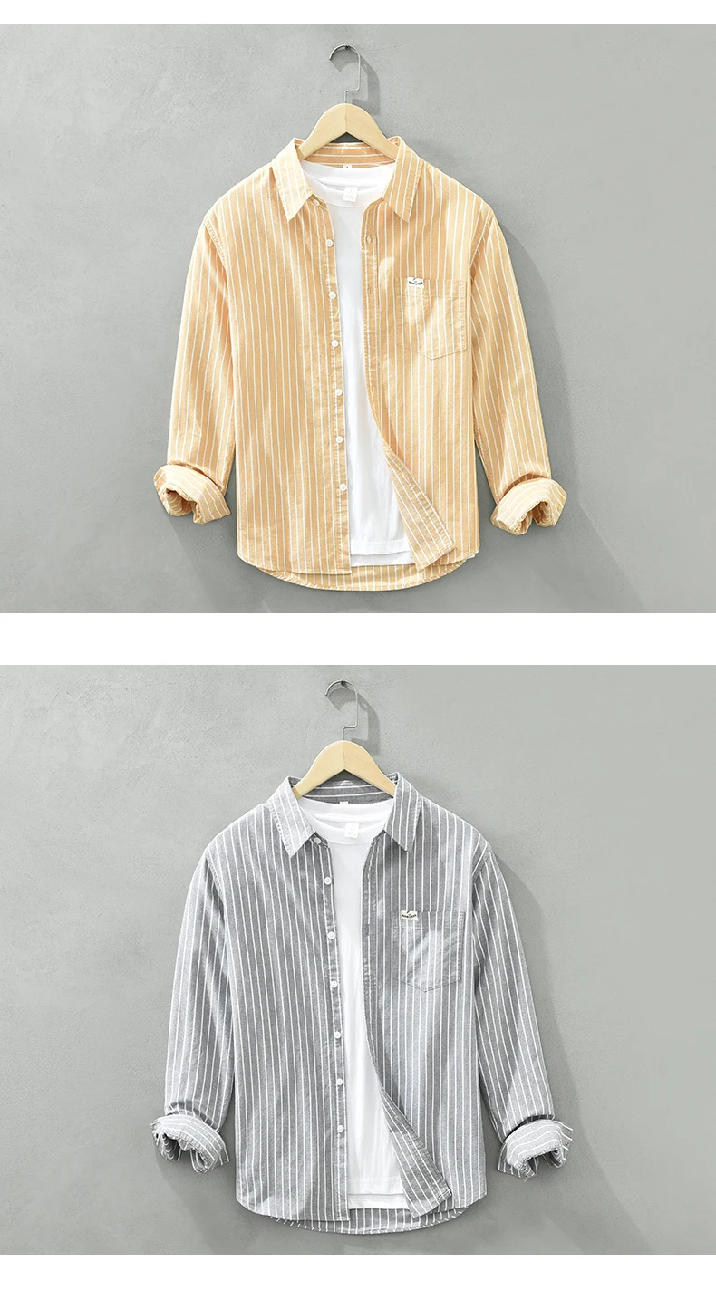 Men's Fashion Striped All-in-one Teen Cotton Comfortable Breathable Trend British Style Outdoor Casual Long-sleeved Cotton Shirt