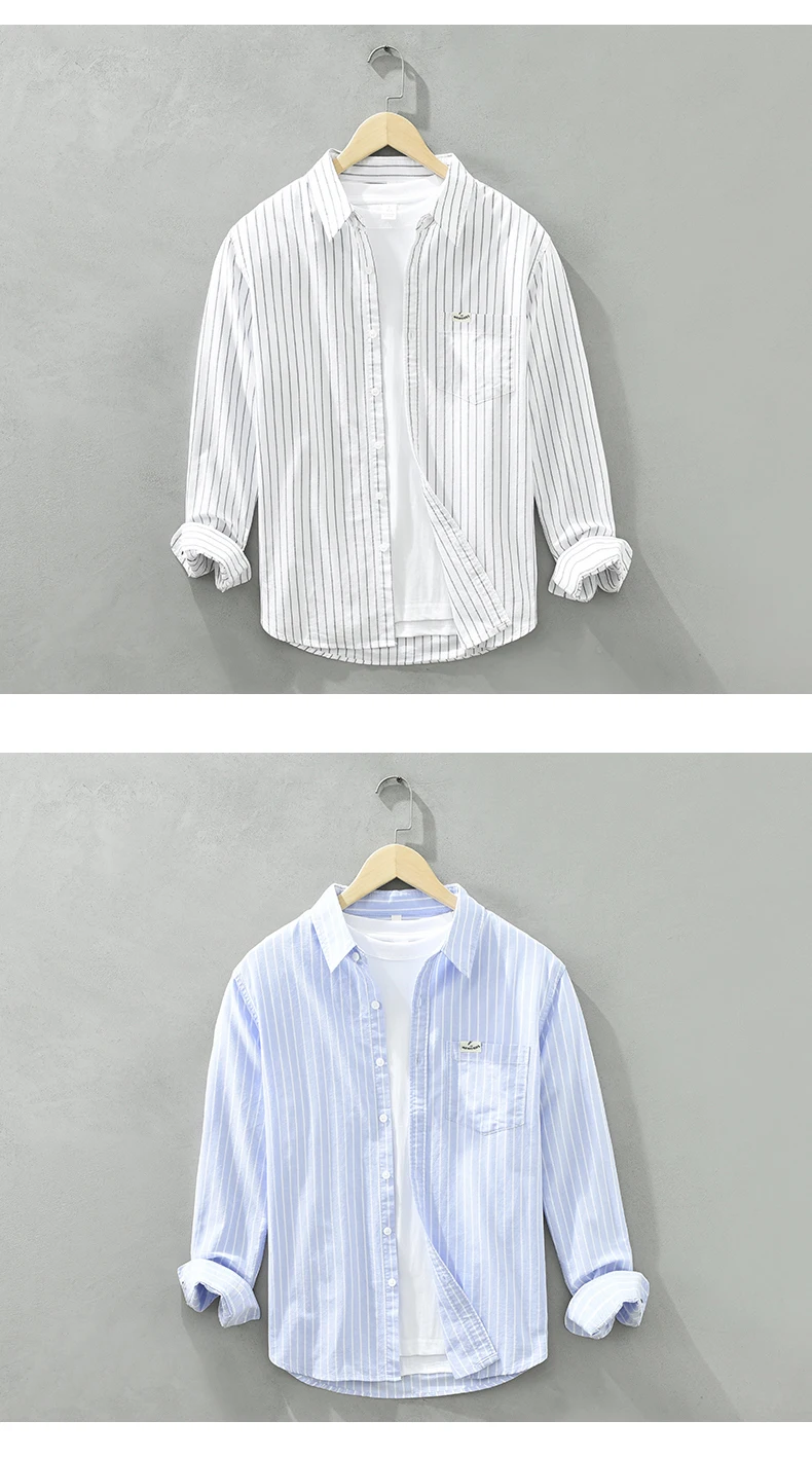Men's Fashion Striped All-in-one Teen Cotton Comfortable Breathable Trend British Style Outdoor Casual Long-sleeved Cotton Shirt