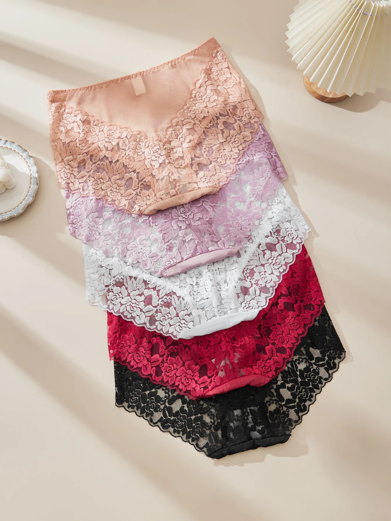 Women's High Waist Lace Shorts, Sexy Breathable Super Stretchy Underwear, Solid Color Fashion Women's Clothing, 3 Pieces