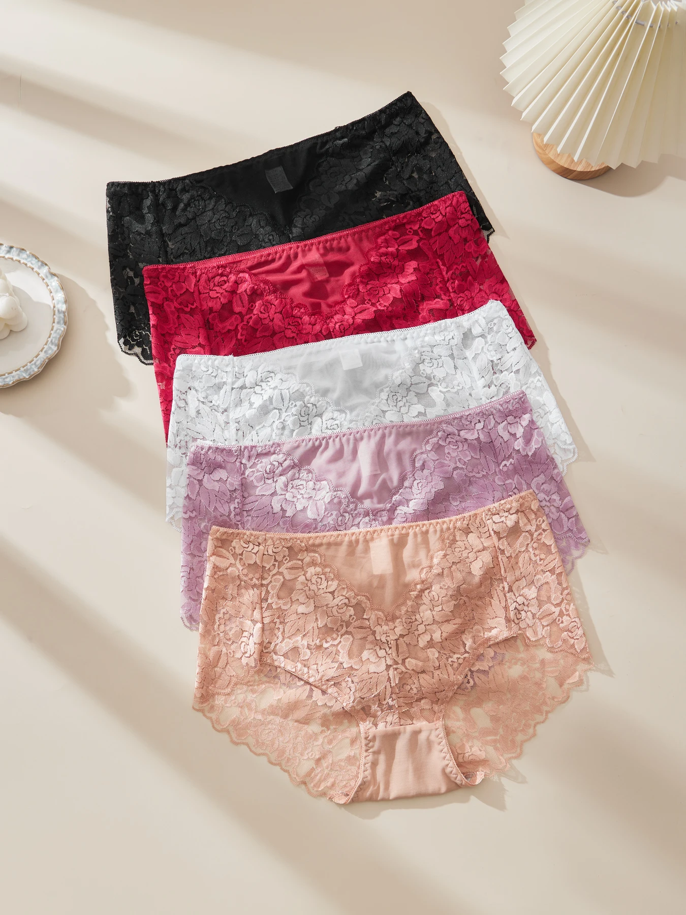 Women's High Waist Lace Shorts, Sexy Breathable Super Stretchy Underwear, Solid Color Fashion Women's Clothing, 3 Pieces