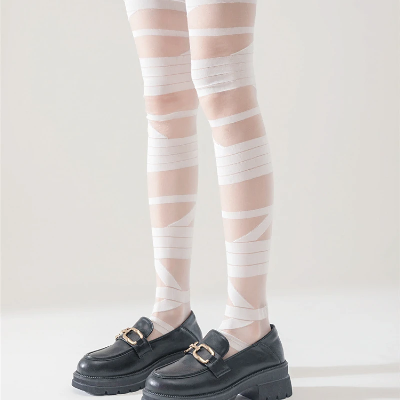 Stockings Women Bandage Silk Thigh Knee Socks Cross Strap Transparent White Black Stocks Gothic Punk Long Socks Women Hosiery