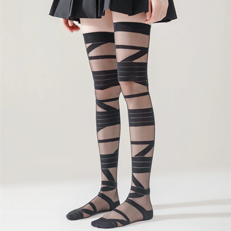Stockings Women Bandage Silk Thigh Knee Socks Cross Strap Transparent White Black Stocks Gothic Punk Long Socks Women Hosiery