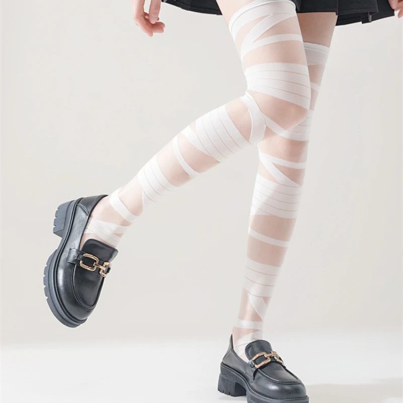 Stockings Women Bandage Silk Thigh Knee Socks Cross Strap Transparent White Black Stocks Gothic Punk Long Socks Women Hosiery