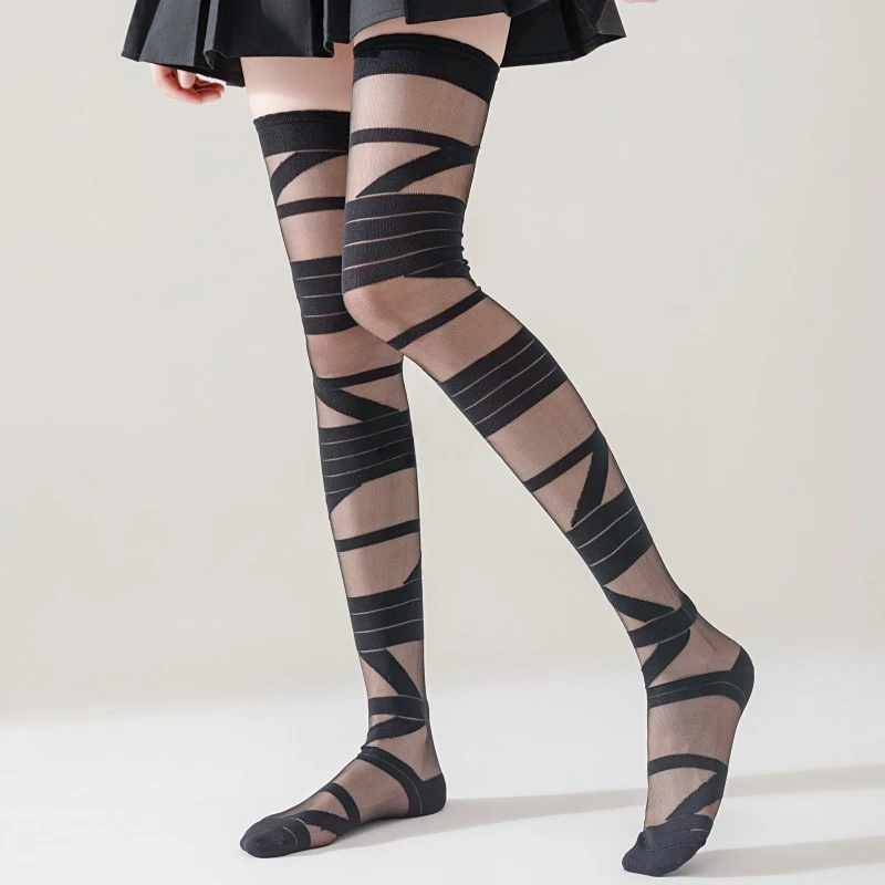 Stockings Women Bandage Silk Thigh Knee Socks Cross Strap Transparent White Black Stocks Gothic Punk Long Socks Women Hosiery