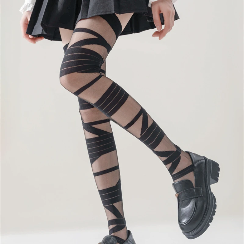 Stockings Women Bandage Silk Thigh Knee Socks Cross Strap Transparent White Black Stocks Gothic Punk Long Socks Women Hosiery