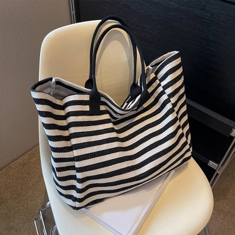 Casual Striped Canvas Bag For Women Large Capacity Shoulder Bag Daily Shopping Totes Student Bookbag for School Travel Beach Bag
